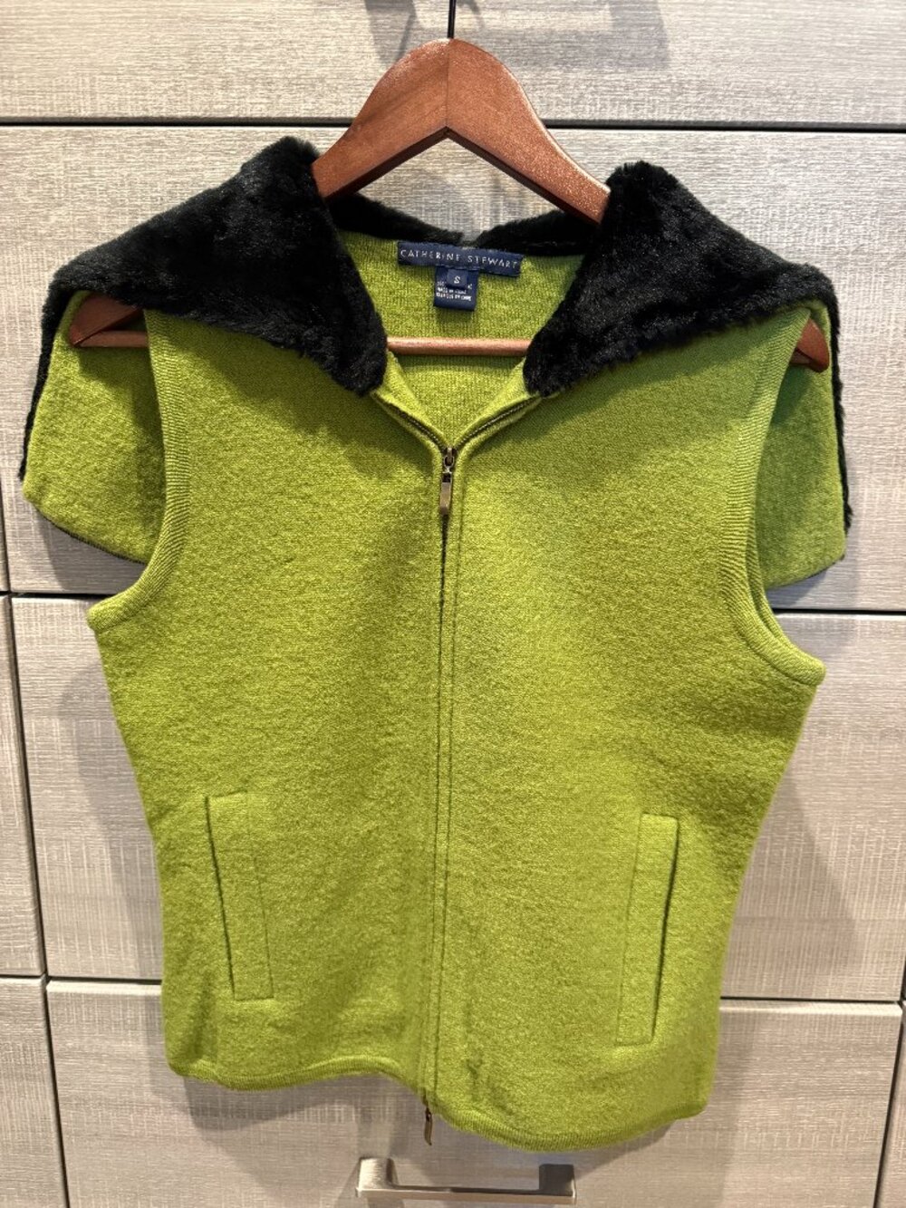 Catherine Stewart Wool Vest with Faux Fur Collar — Chartreuse Green, Size S
